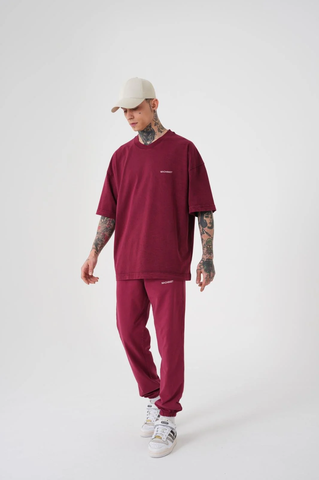 Erkek Yıkamalı Pamuklu Oversize Tişört Koyu Kırmızı - Image 3