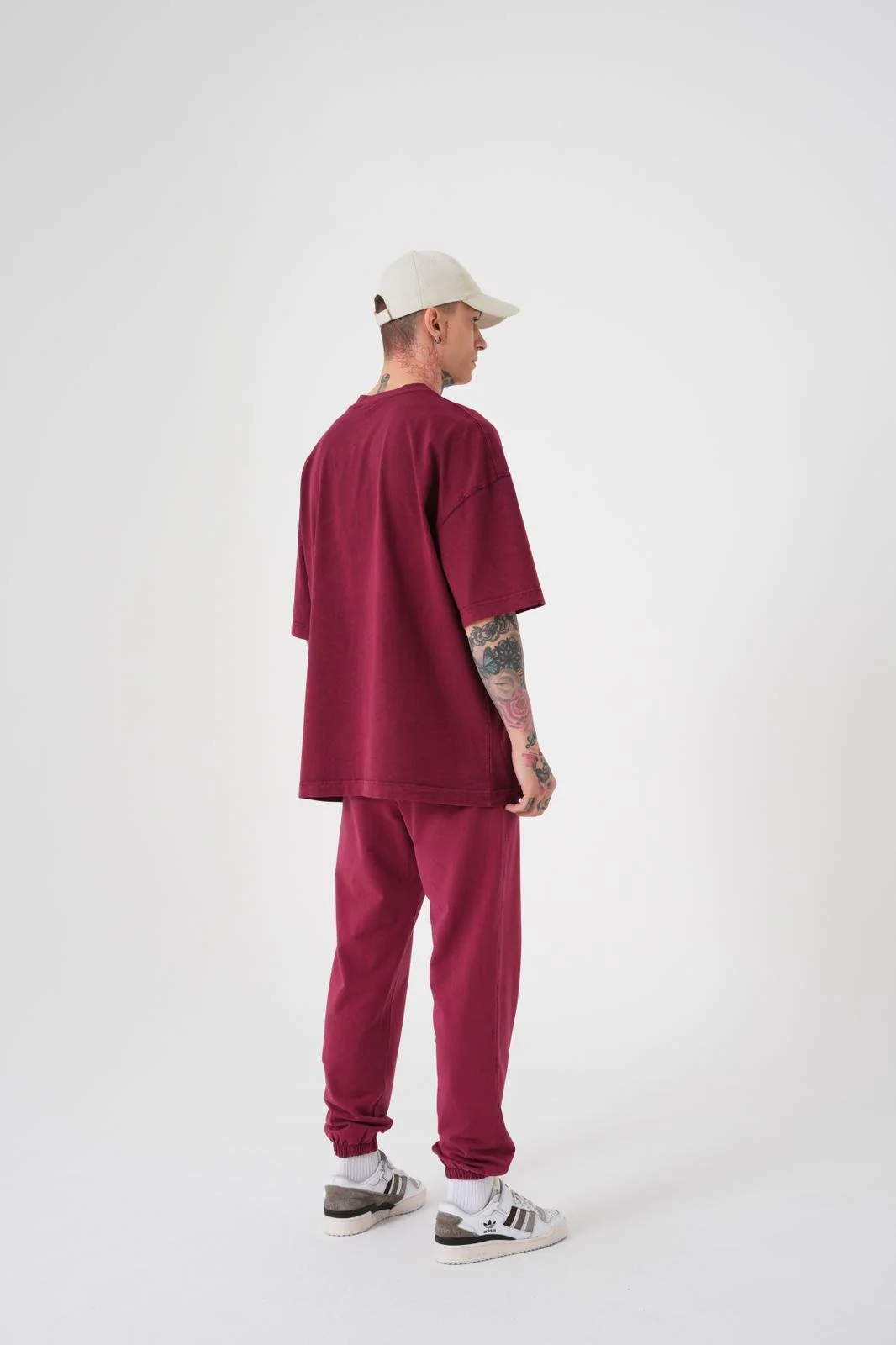 Erkek Yıkamalı Pamuklu Oversize Tişört Koyu Kırmızı - Image 4